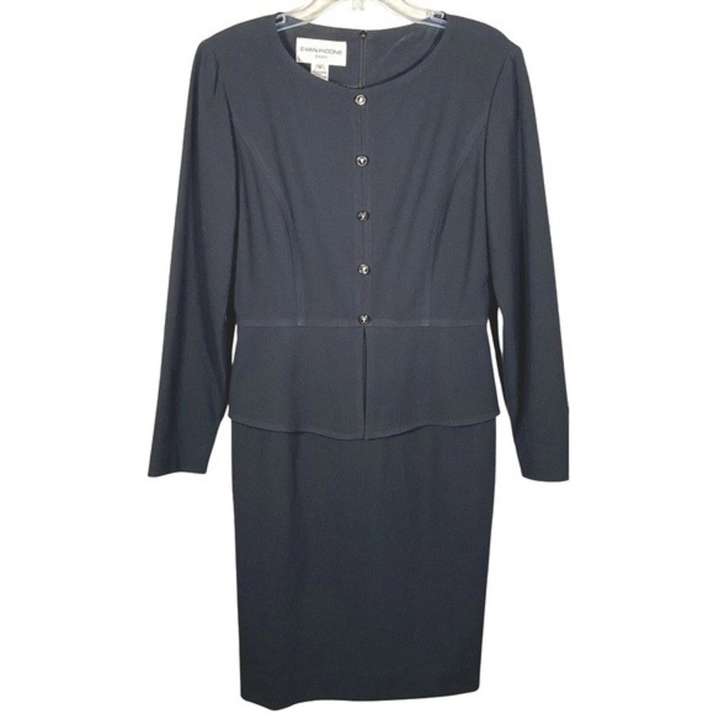 Evan Picone Vintage Wool Peplum Sheath Dress 8 Black Gold Button Suit Dress‎